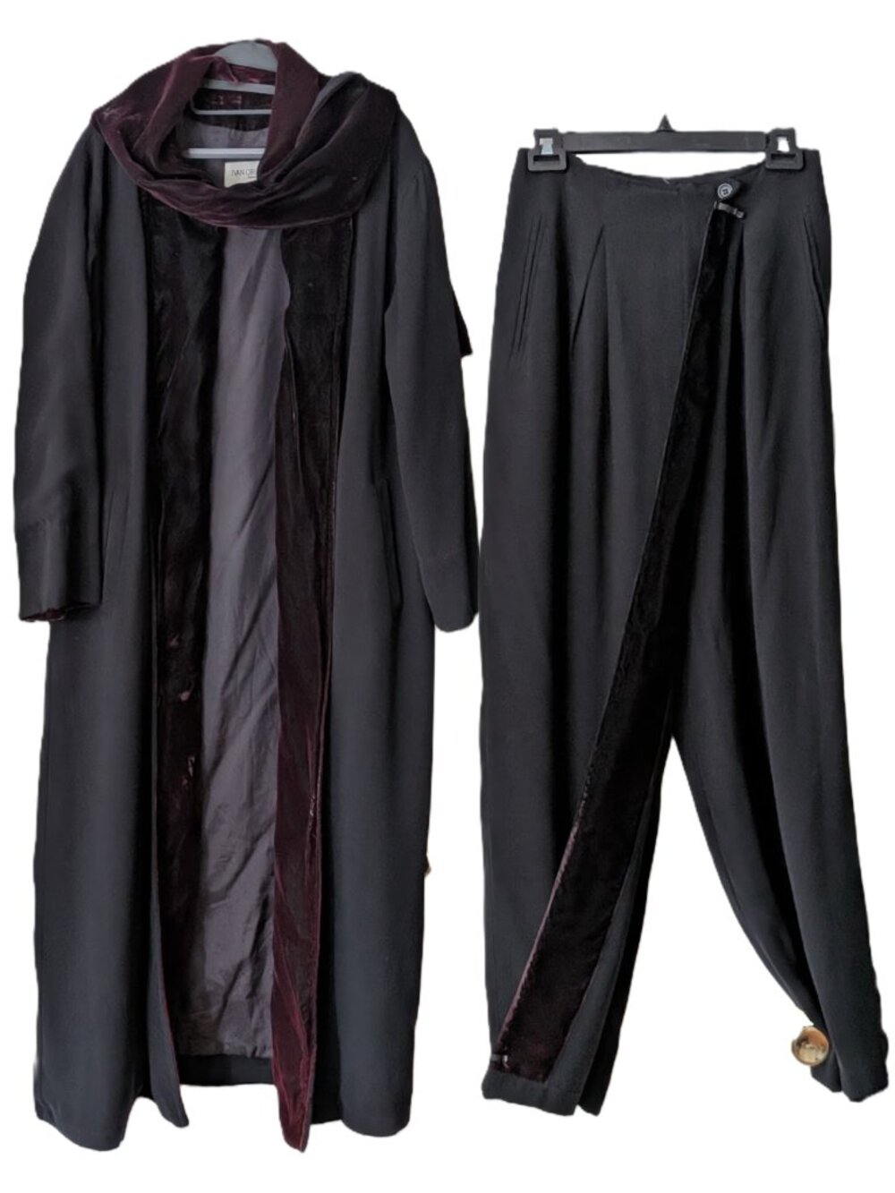 Ivan Grundahl Velvet Trim Duster Coat & Wide Leg Pants 2 Pc Suit Vintage